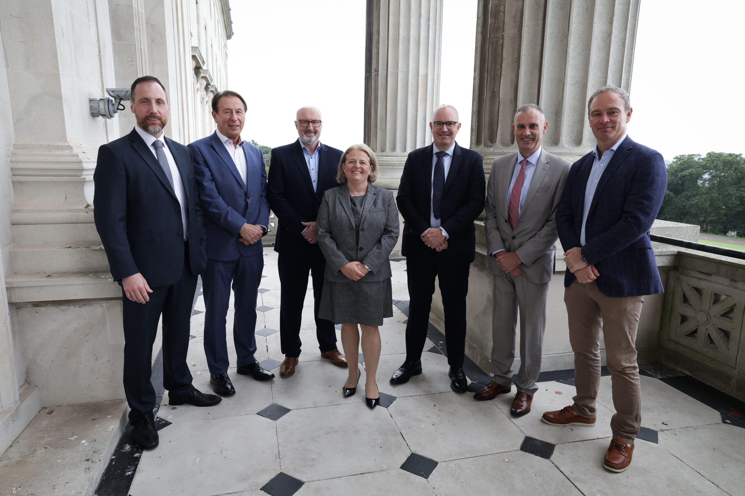 Centre For Democracy and Peace chief executive Eva Grosman with Fellowship Programme partner representatives (from left) Stephen McKeown (Allstate), Gordon Parkes (NIE Networks), David Clements (Fujitsu NI), Darragh McCarthy (FinTrU), Nick Coburn (Ulster Carpets) and Peter Cunningham (Camlin Group) (Kelvin Boyes)